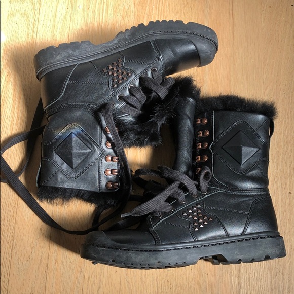 UES Studded Fur Lined Lace Up Boots Black Size 7.5